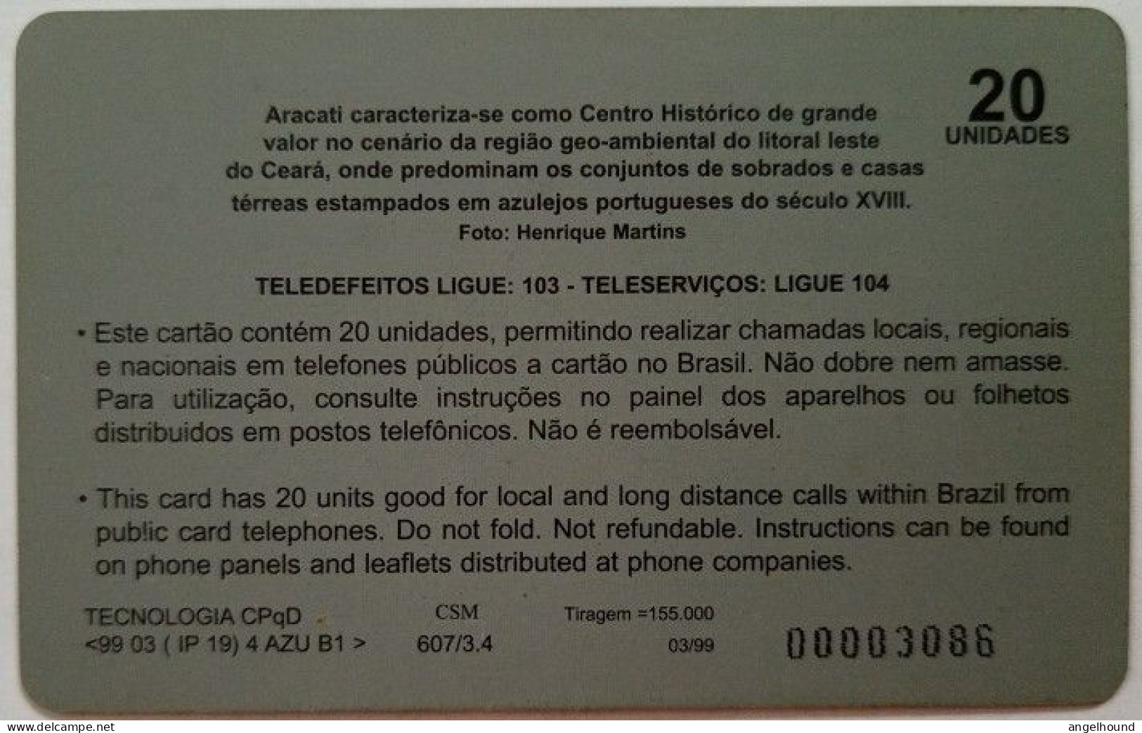 Brazil Teleceara 20 Units - Serie Patrimonio Historico Do Ceara , Aracati-Ce - Brasilien
