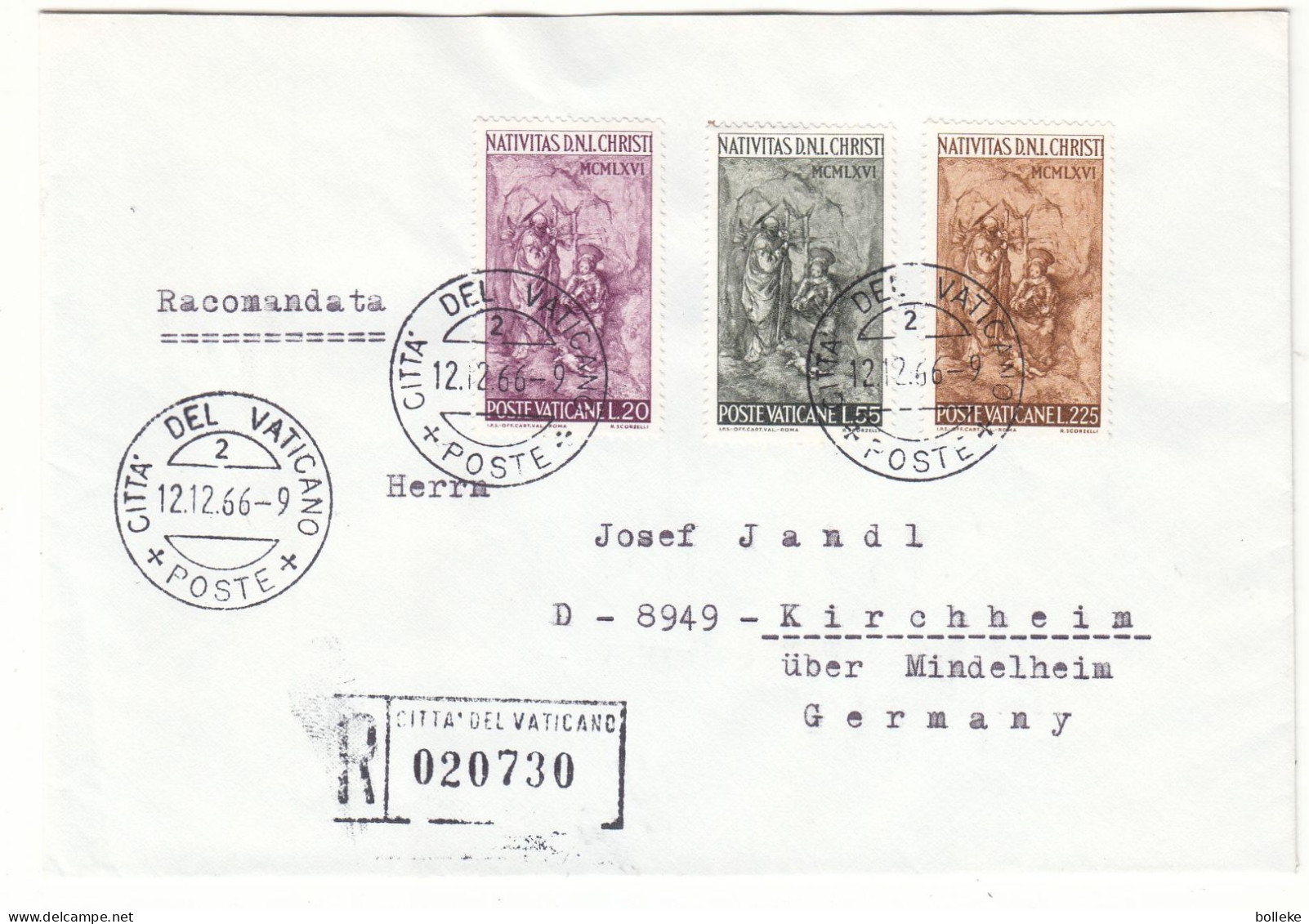 Noël - Vatican - Lettre Recom De 1966 - Oblit Citta Del Vaticano - Exp Vers Kirchheim - - Briefe U. Dokumente