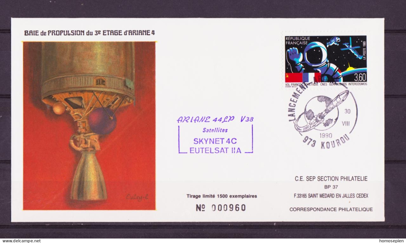 Espace 1990 08 31 - SEP - Ariane V38 - Enveloppe - Europe