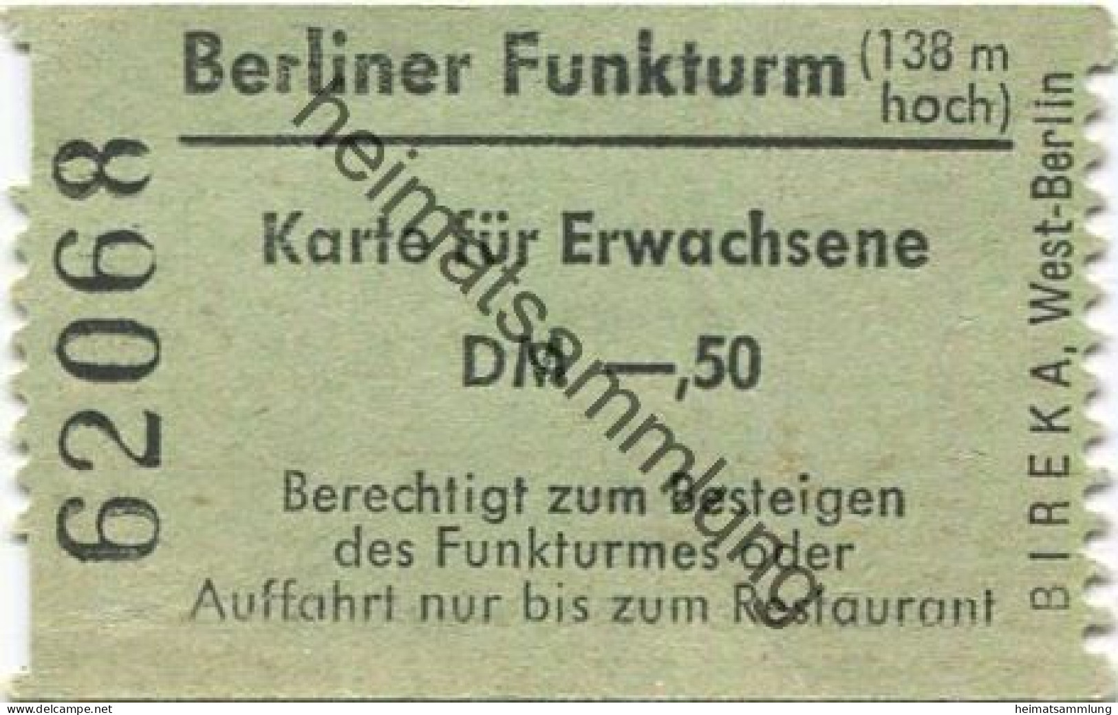 Deutschland - Berlin - Berliner Funkturm - Karte Für Erwachsene DM-.50 - Tickets D'entrée