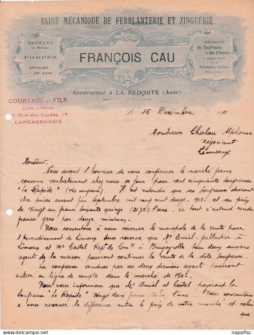 11-F.Cau...Usine Mécanique De Ferblanterie & Zinguerie...La Redorte..(Aude)...1911 - Ambachten