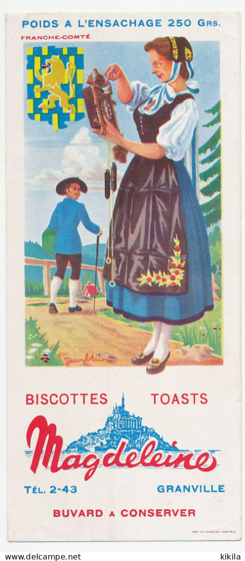 Buvard  8.8 X 19.9 Biscottes Toasts MAGDELEINE Folklore Costumes La Franche-Comté  Horloge "coucou" - Biscottes