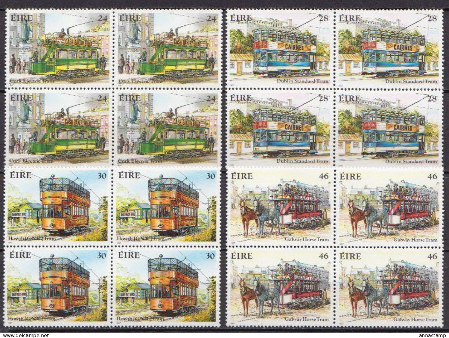 Ireland MNH Set In Blocks Of 4 Stamps - Tramways