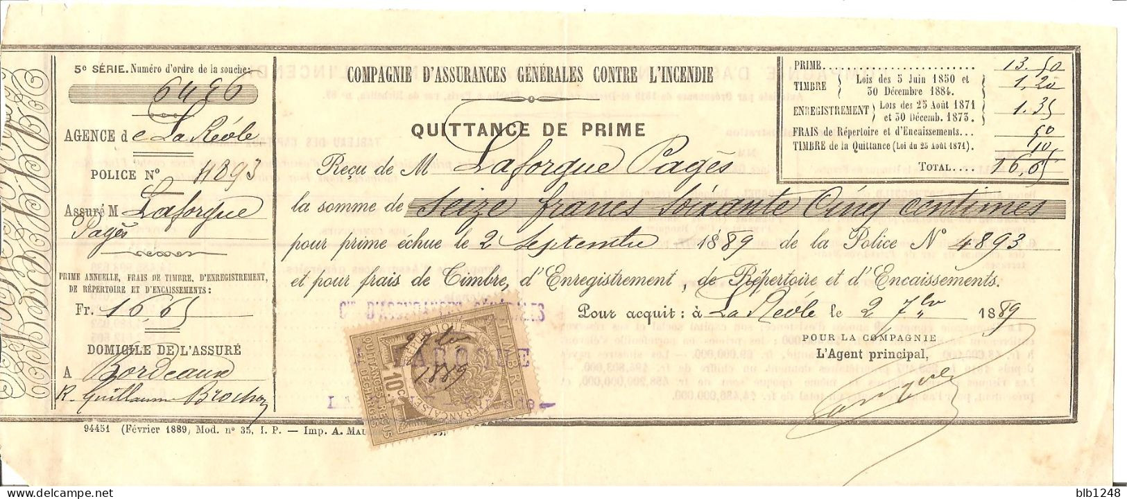 Vieux Papiers > Quittance De Prime Assurance Incendie La Reole 2 Sept 1889 Avec Timbre - La Réole