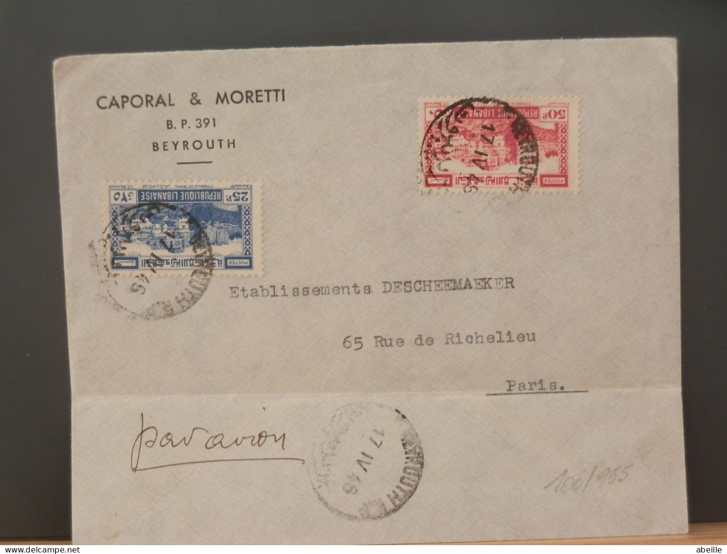 106/955 LETTRE LIBAN POUR PARIS 1946 - Lebanon