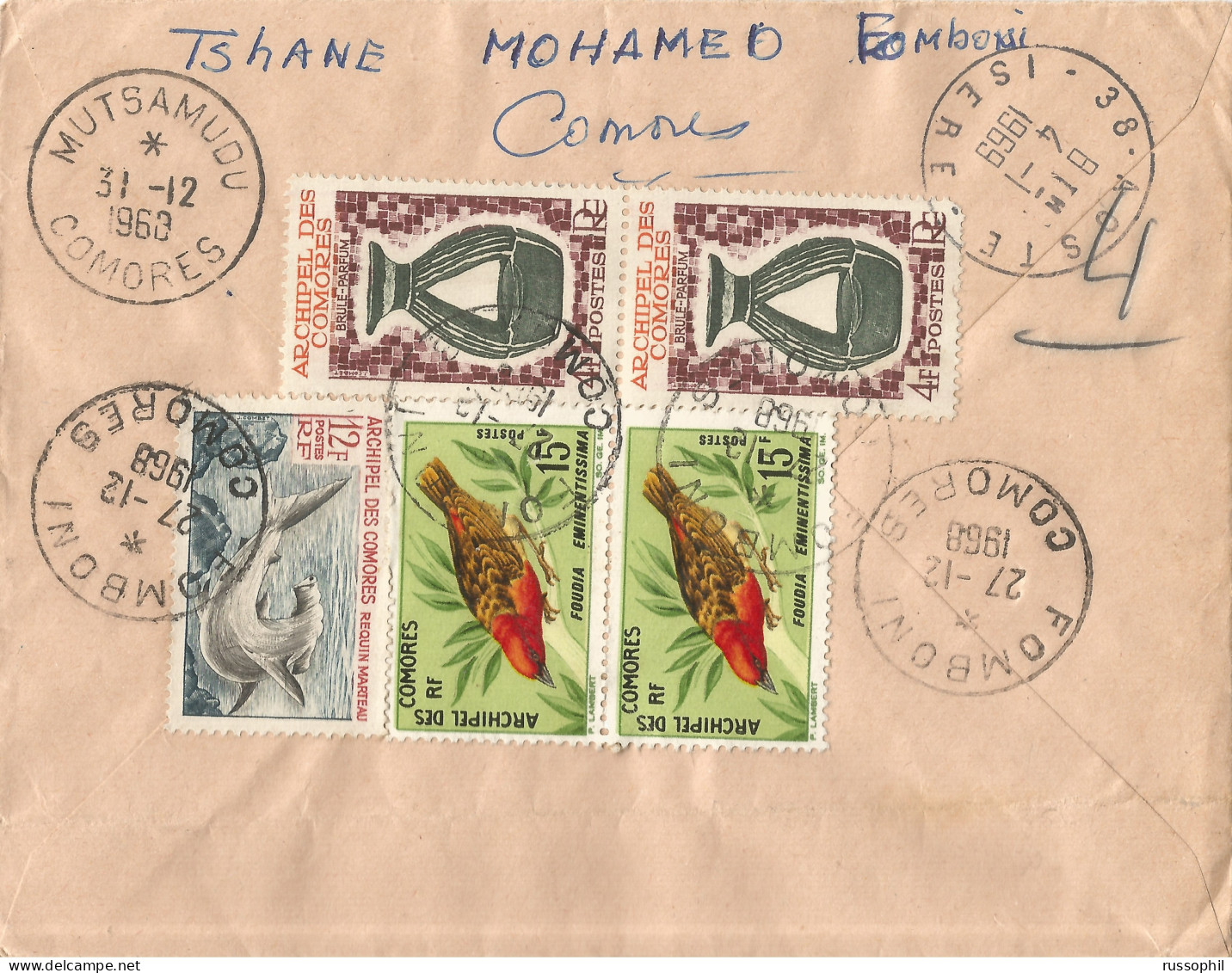 COMORES - 95 FR. 8 STAMP  FRANKING ON REGISTERED AIR COVER FROM FOMBONI TO FRANCE -1968 - Covers & Documents