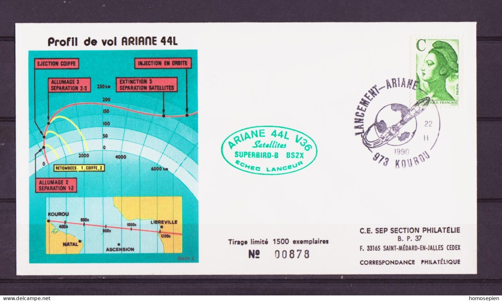 Espace 1990 02 23 - SEP - Ariane V36 (échec) - Enveloppe - Europa