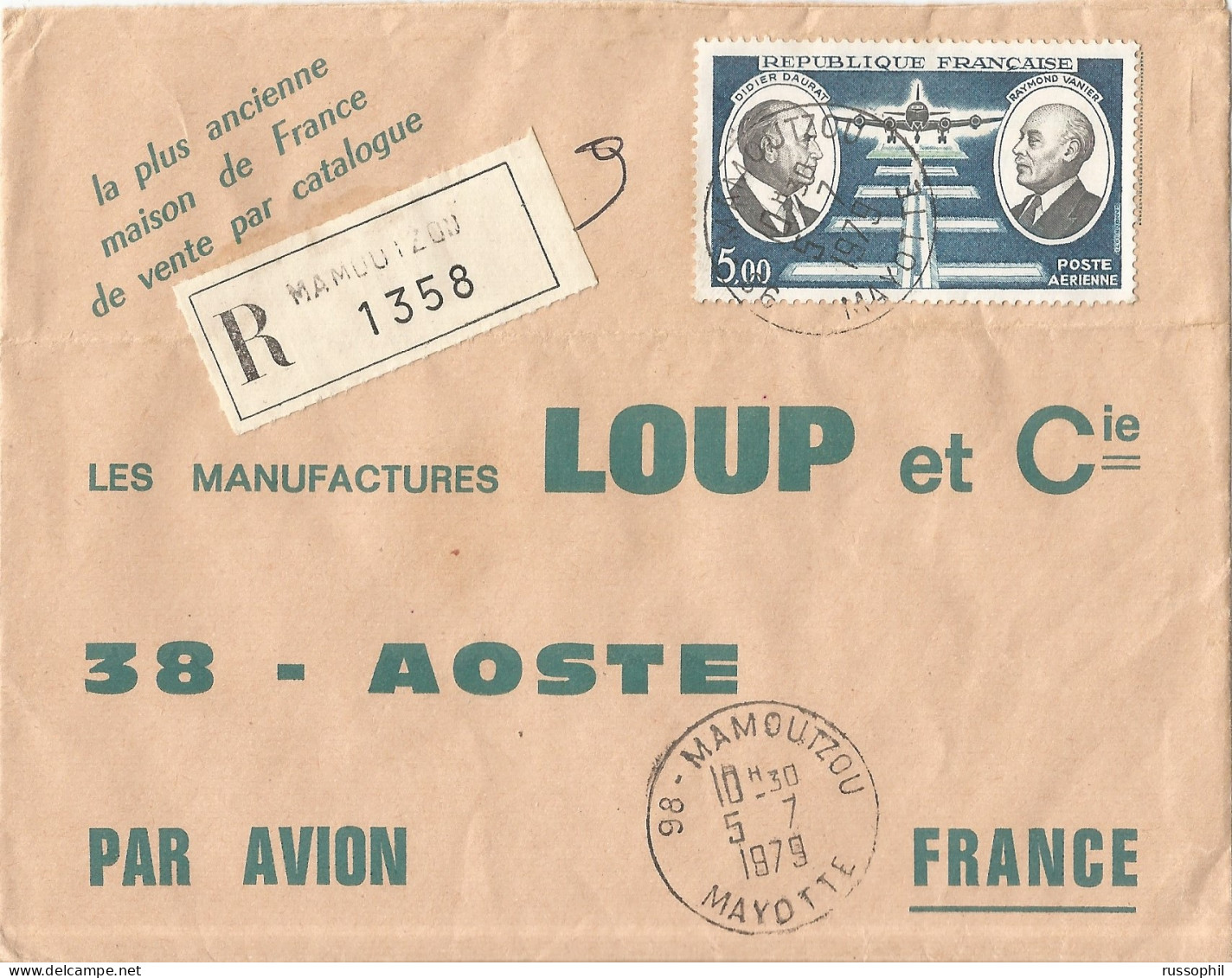 MAYOTTE - 5 FR. FRANKING ( FRANCE Yv. PA46 ALONE) ON REGISTERED AIR COVER FROM MAMOUTZOU TO FRANCE -1979 - Other & Unclassified