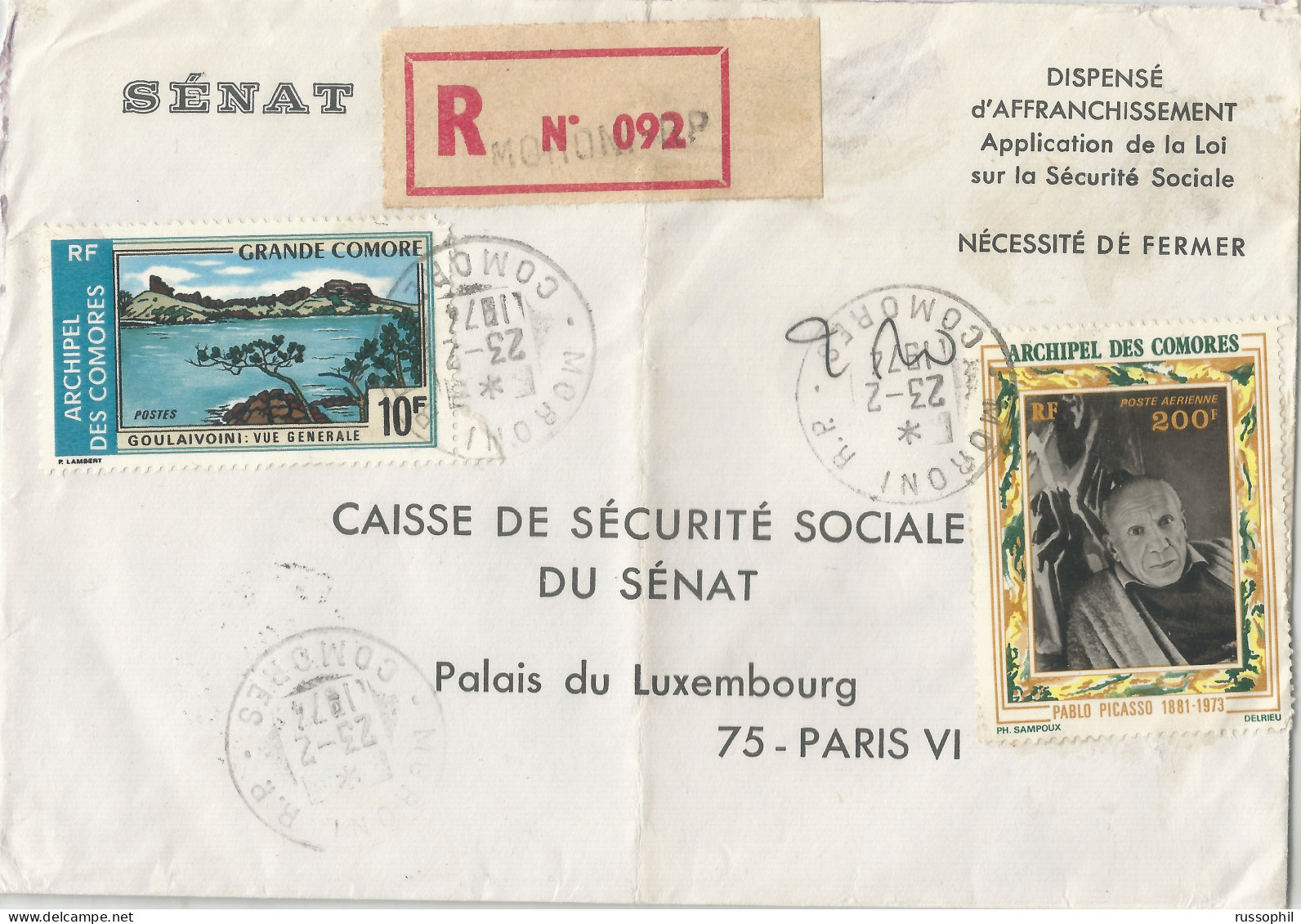 COMORES - 210 FR. FRANKING ON REGISTERED COVER FROM MORONI TO FRENCH SENATE IN PARIS -1974 - Covers & Documents