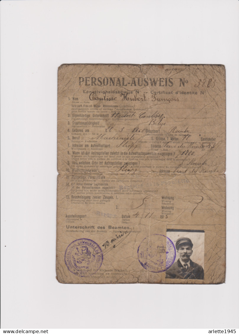 PERSONAL -  AUSWEIS CERTIFICAT D'IDENTITE N° 3883  Le 4 11 1915 - 1914-18