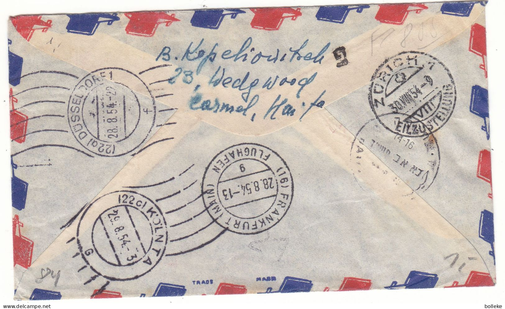 Israël - Lettre Exprès De 1954 - Oblit Haifa - Exp Vers Köln - Cachets De Frankfurt, Dusseldorf, Köln Et Zürich - Avions - Briefe U. Dokumente