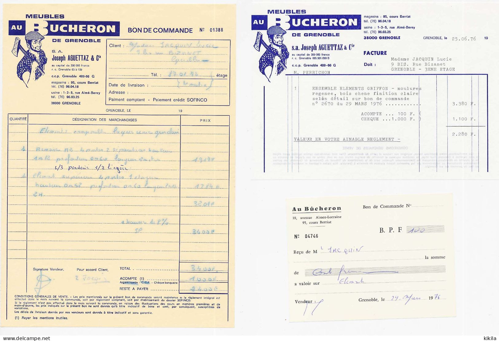 Facture Du 25-06-1976 Et 3 Bon De Commande à En-tête De JOSEPH AGUETTAZ & Cie Meubles Au Bucheron à Grenoble Isère 38 - 1950 - ...
