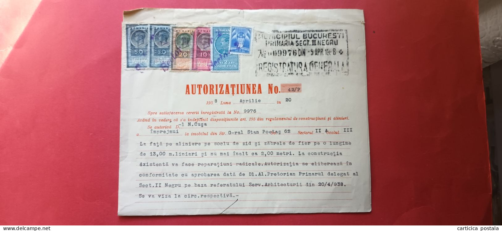Romania Rumanien Bucuresti Bukarest  Autorizatie Constructie / Autorizatiunea 1920 Timbre Fiscale - Rumania