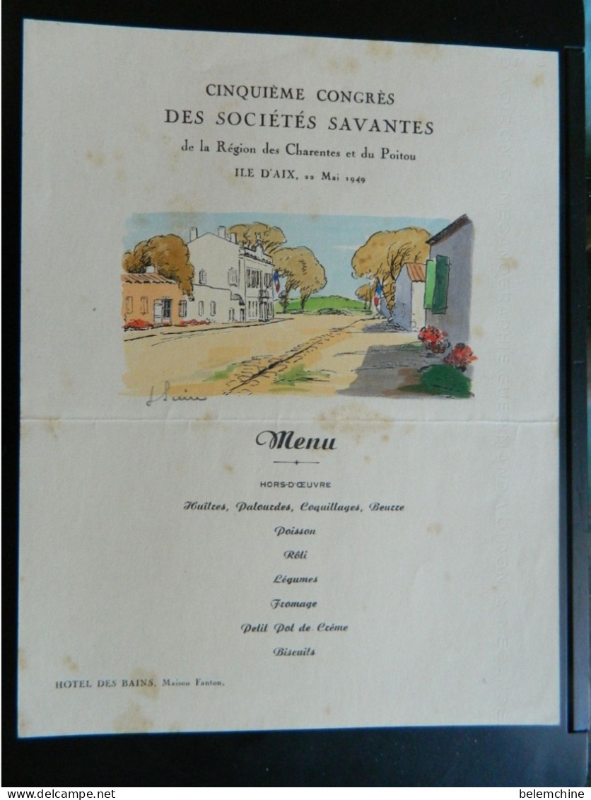 MENU  5 éme CONGRES DES SOCIETES SAVANTES DES CHARENTES ET DU POITOU ILE D'AIX 1949 ILLUSTRE PAR LOUIS SUIRE - Menu