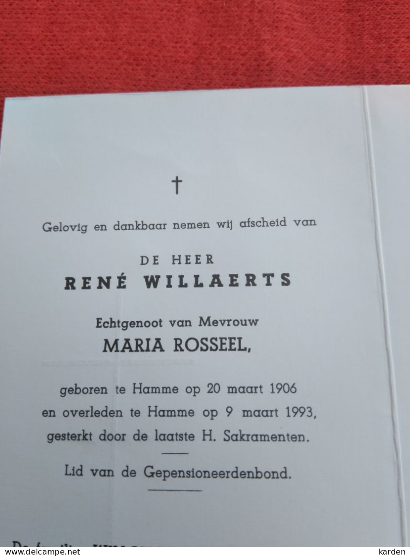 Doodsprentje René Willaerts / Hamme 20/3/1906 - 9/3/1993 ( Maria Rosseel ) - Godsdienst & Esoterisme