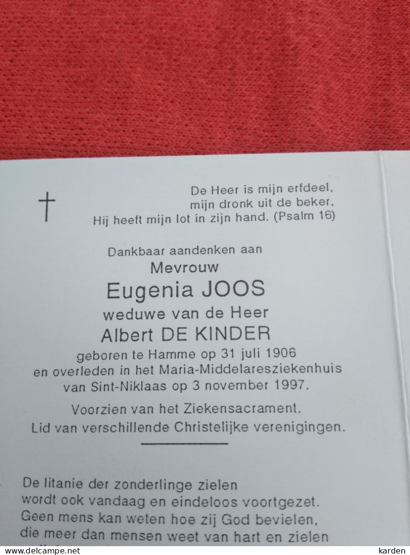 Doodsprentje Eugenia Joos / Hamme 31/7/1906 Sint Niklaas 3/11/1997 ( Albert De Kinder ) - Religión & Esoterismo