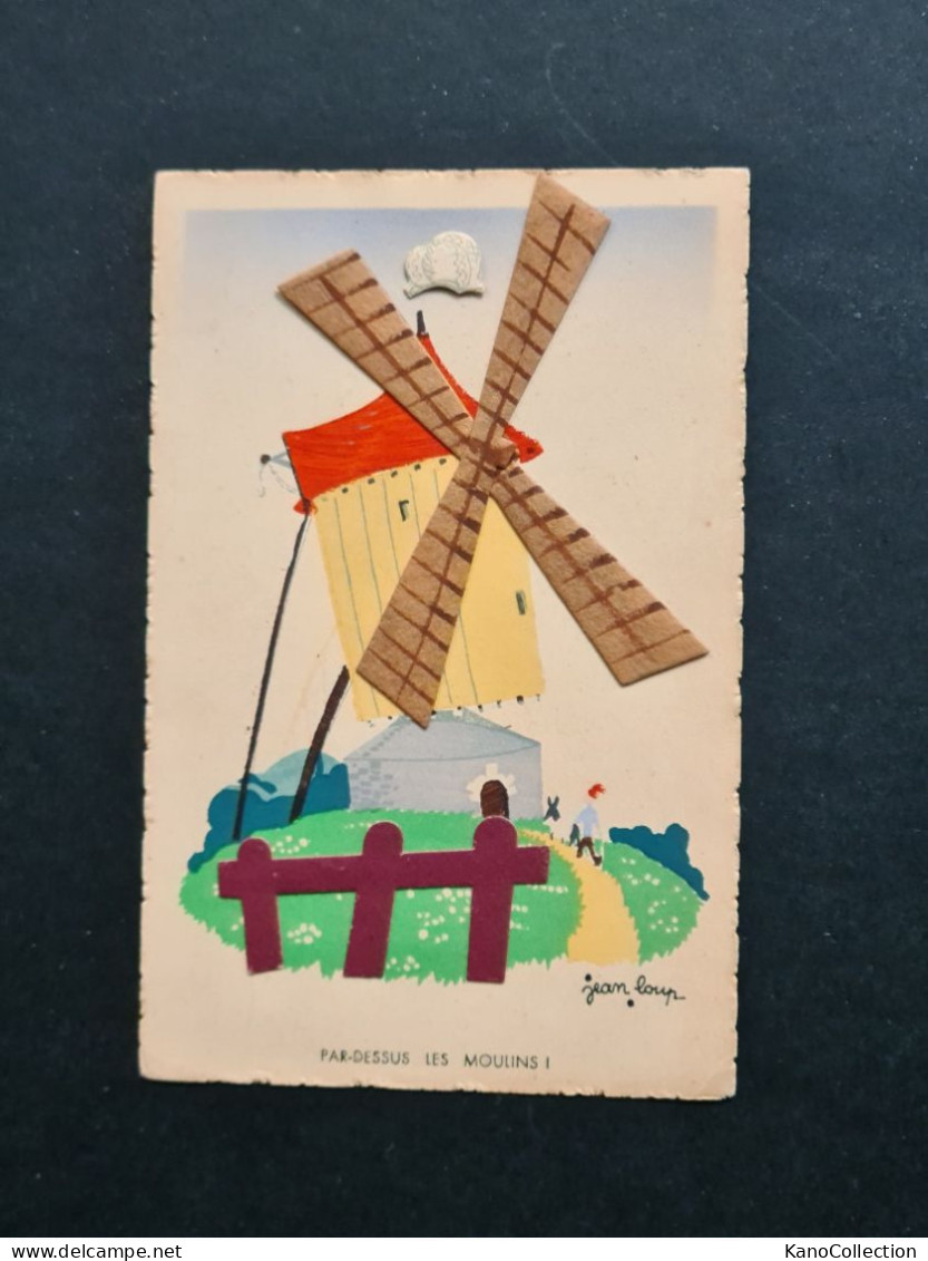 „PAR-DESSUS LES MOULINS I", Signiert Jean Loup, Handmade, Papierapplikationen, Nicht Gelaufen - Windmills