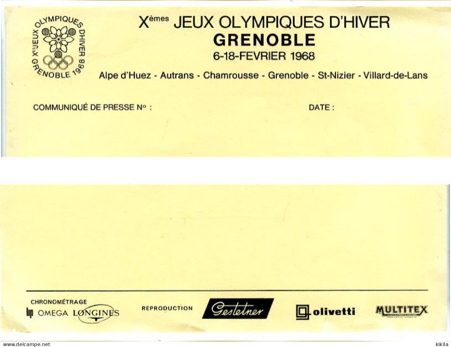 Communiqué De Presse à L'en-tête Des X° Jeux Olympiques D'Hiver De Grenoble 1968 Olympic Games 68 - Altri & Non Classificati