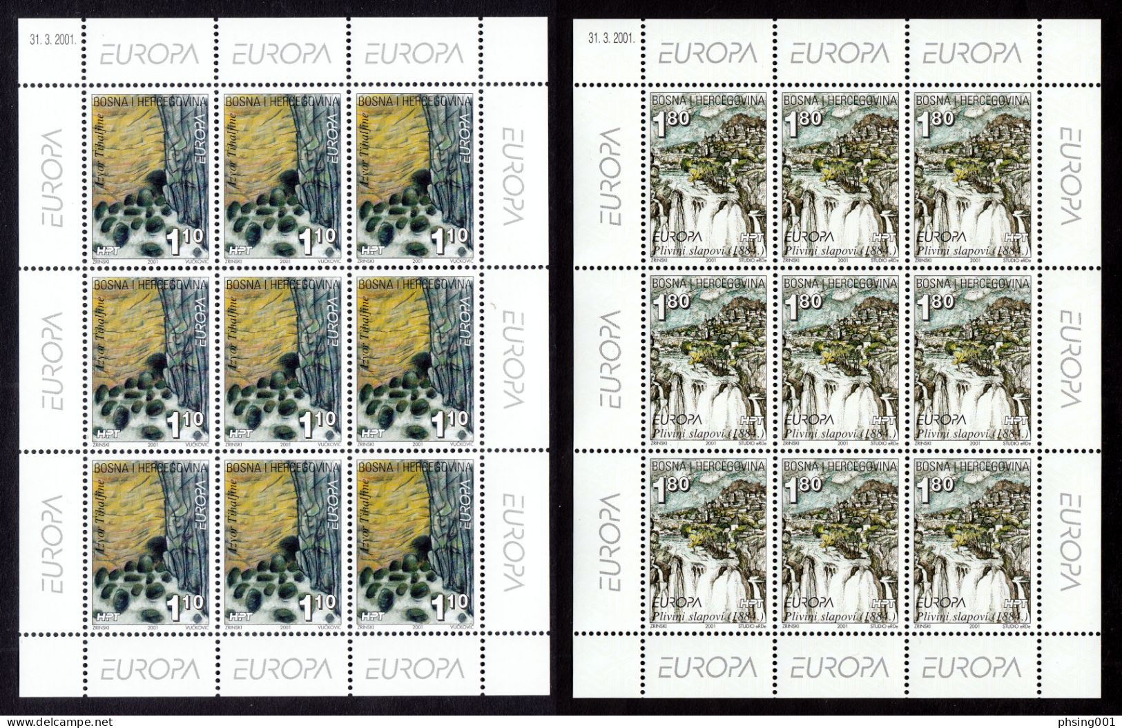 Bosnia Croatia 2001 Europa CEPT Waters Nature Tihaljina Well Pliva Waterfalls, Mini Sheet Of 9 Sets MNH - Bosnien-Herzegowina