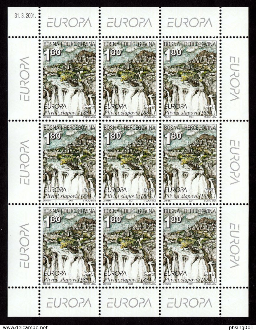 Bosnia Croatia 2001 Europa CEPT Waters Nature Tihaljina Well Pliva Waterfalls, Mini Sheet Of 9 Sets MNH - Bosnien-Herzegowina