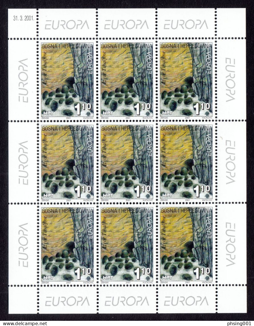 Bosnia Croatia 2001 Europa CEPT Waters Nature Tihaljina Well Pliva Waterfalls, Mini Sheet Of 9 Sets MNH - 2001