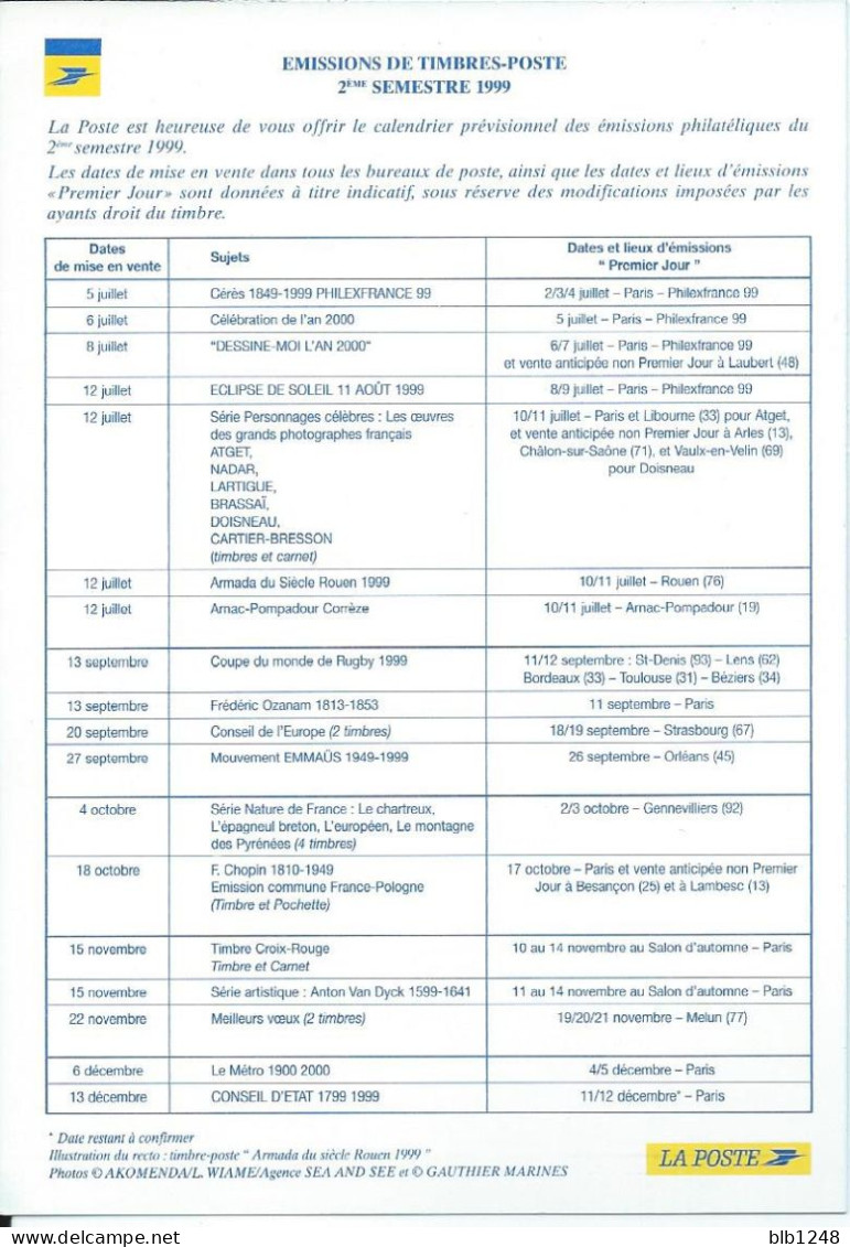 Emission Timbres Poste France  2eme Semestre 1999 - Poste & Postini