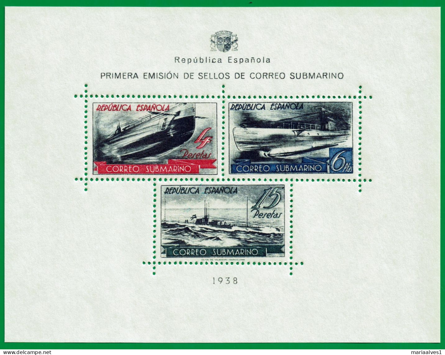 1938 Spain Correo Submarino SUBMARINE MAIL BLOCK SHEET MNH - Blocks & Sheetlets & Panes