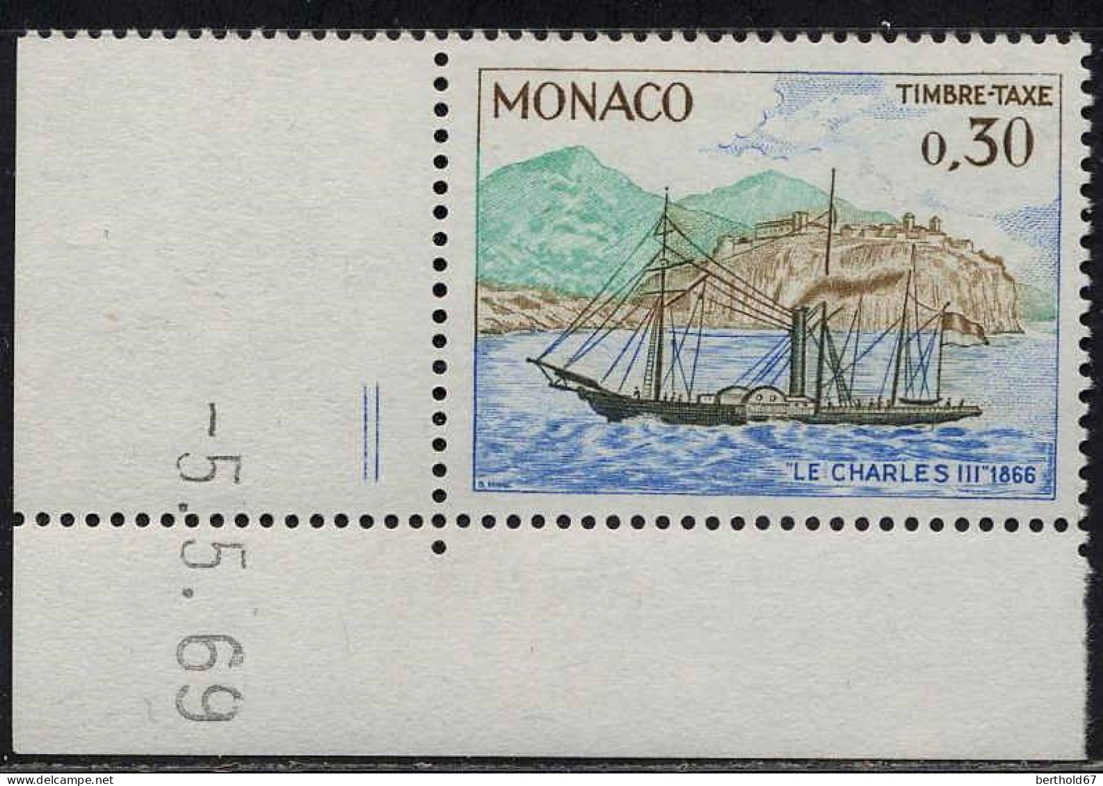 Monaco Taxe N** Yv:60A Mi:64 Le Charles III Coin D.feuille Daté 5-5-69 - Postage Due