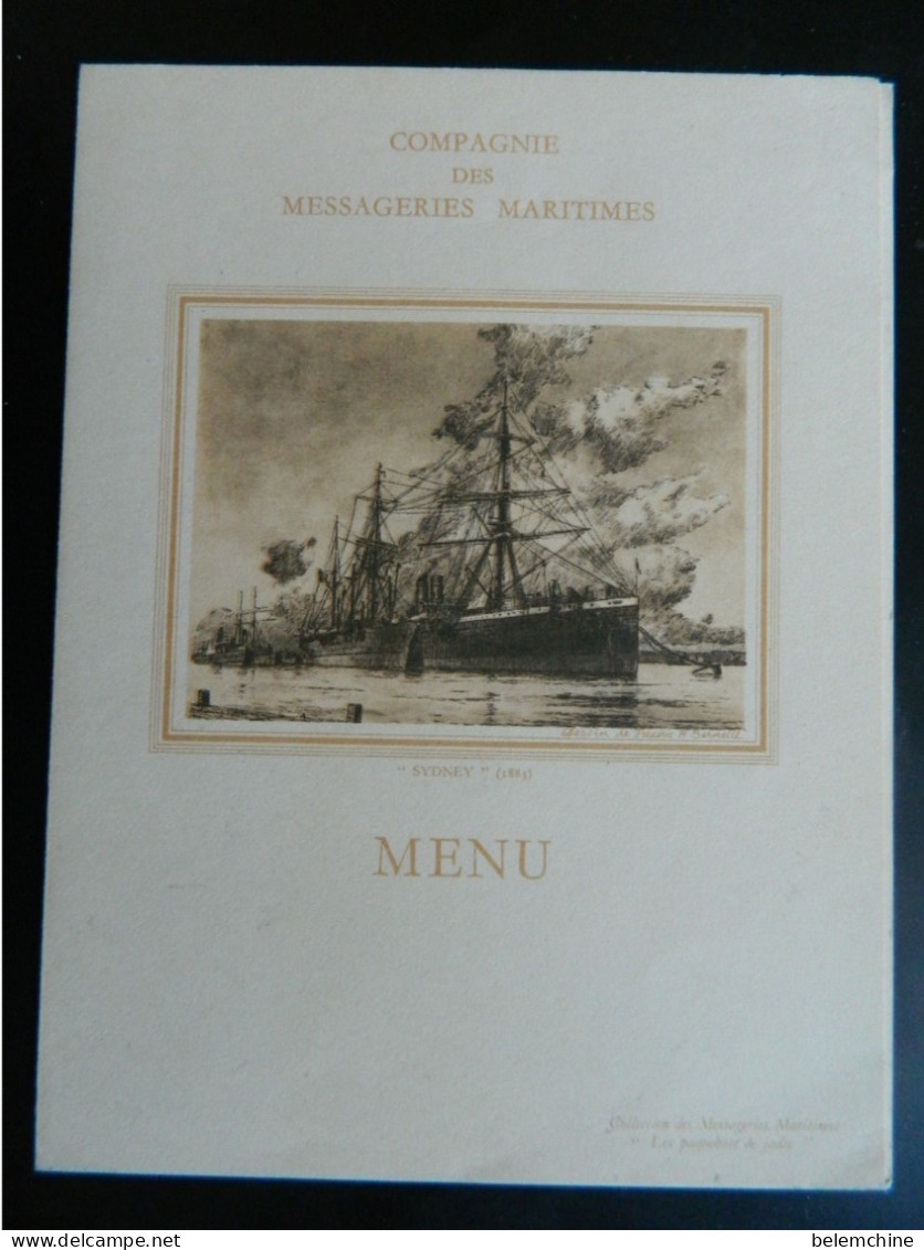 MENU  COMPAGNIE DES MESSAGERIES MARITIMES LE SYDNEY 1884   DU 7 SEPTEMBRE 1950 PAQUEBOT ANDRE LEBON - Menus