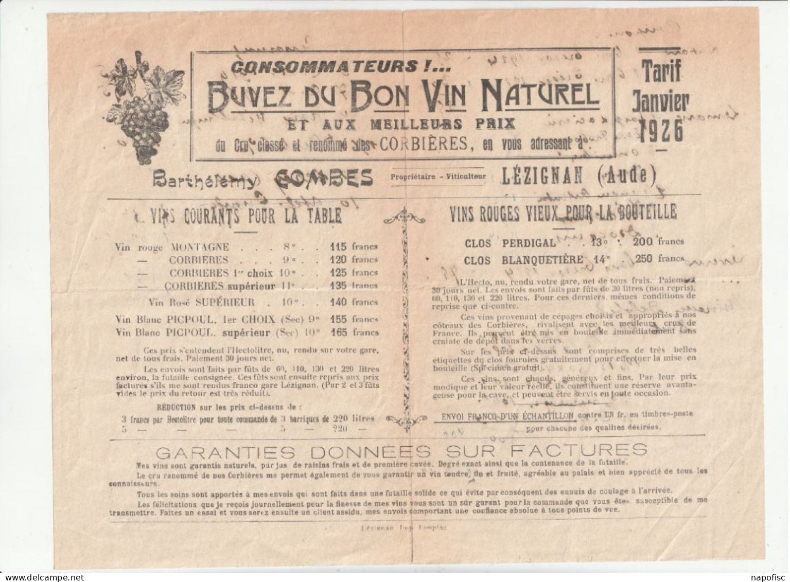11-B.Combes..Vins De Corbières Tarif 1926..Lézignan-Corbières...(Aude)...1926 - Bank En Verzekering