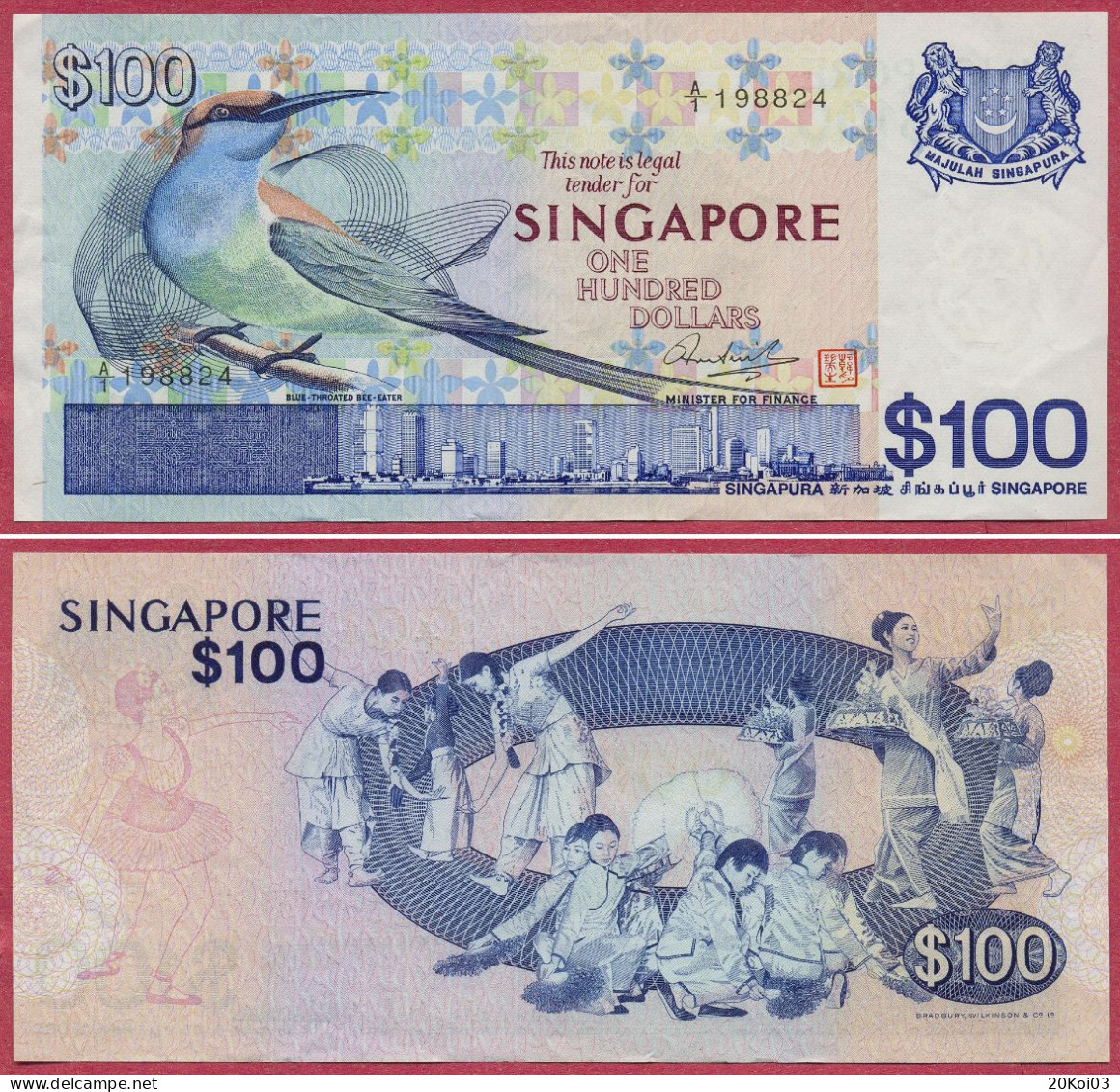 Singapore One Hundred 100 Dollars A/1 198824 This Note Is Legal Tender, Minister For Finance_Blue-Throated Bee-Eater_SUP - Singapore