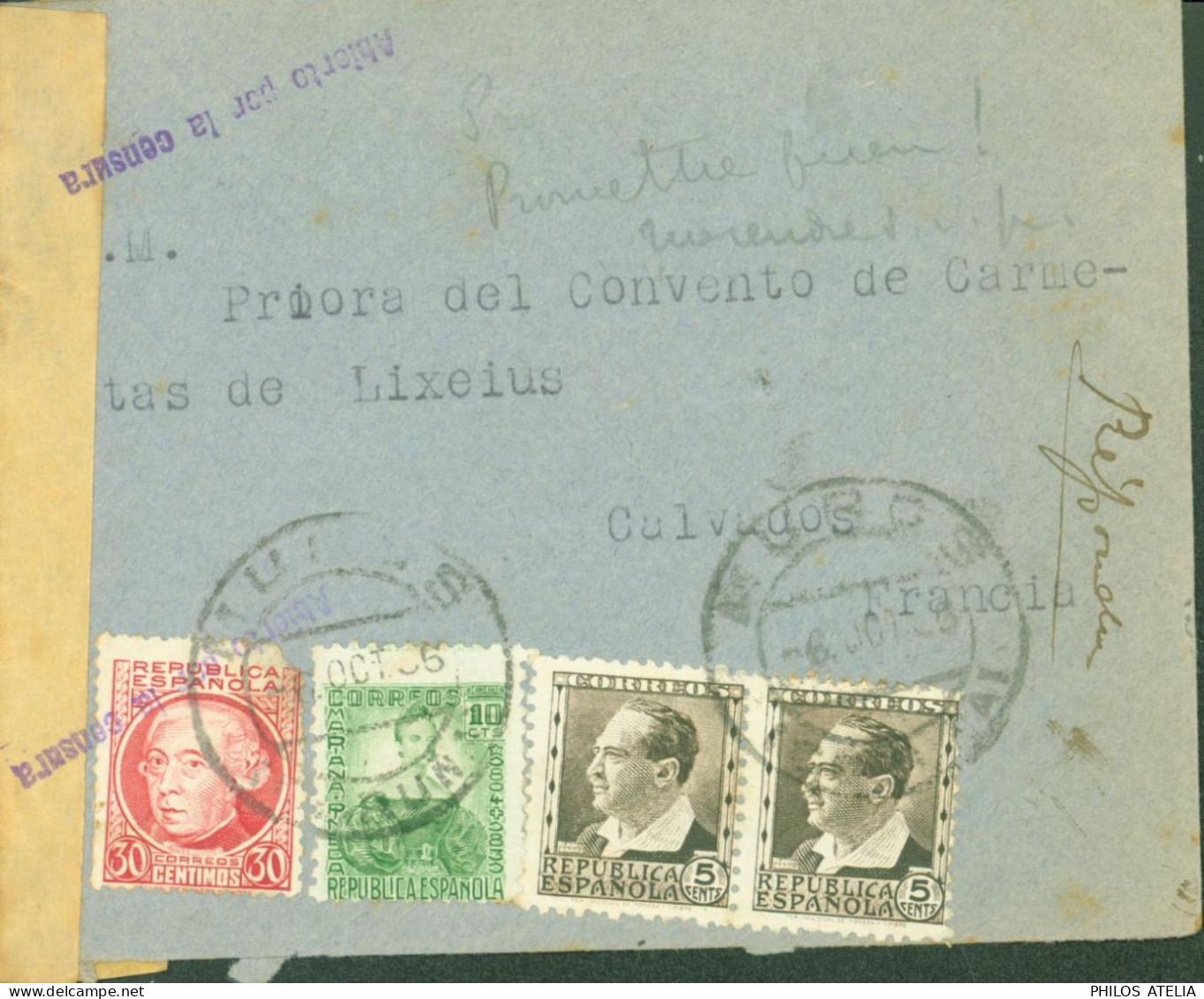 Guerre D'Espagne YT N°528 A X2 529 532 Tricolore CAD Muros Coruña 6 OCT 36 Censure Bande + Cachet Pour Lisieux - Storia Postale