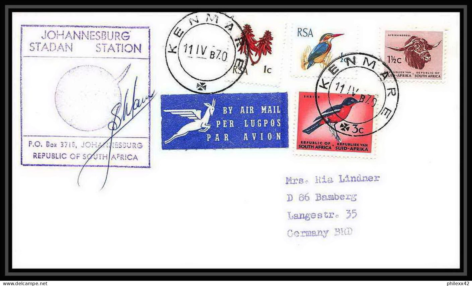 5853/ Espace (space) Lettre (cover) 11/4/1970 Signé (signed Autograph) Johanesburg Kenmarre Afrique Du Sud (RSA) - Afrique