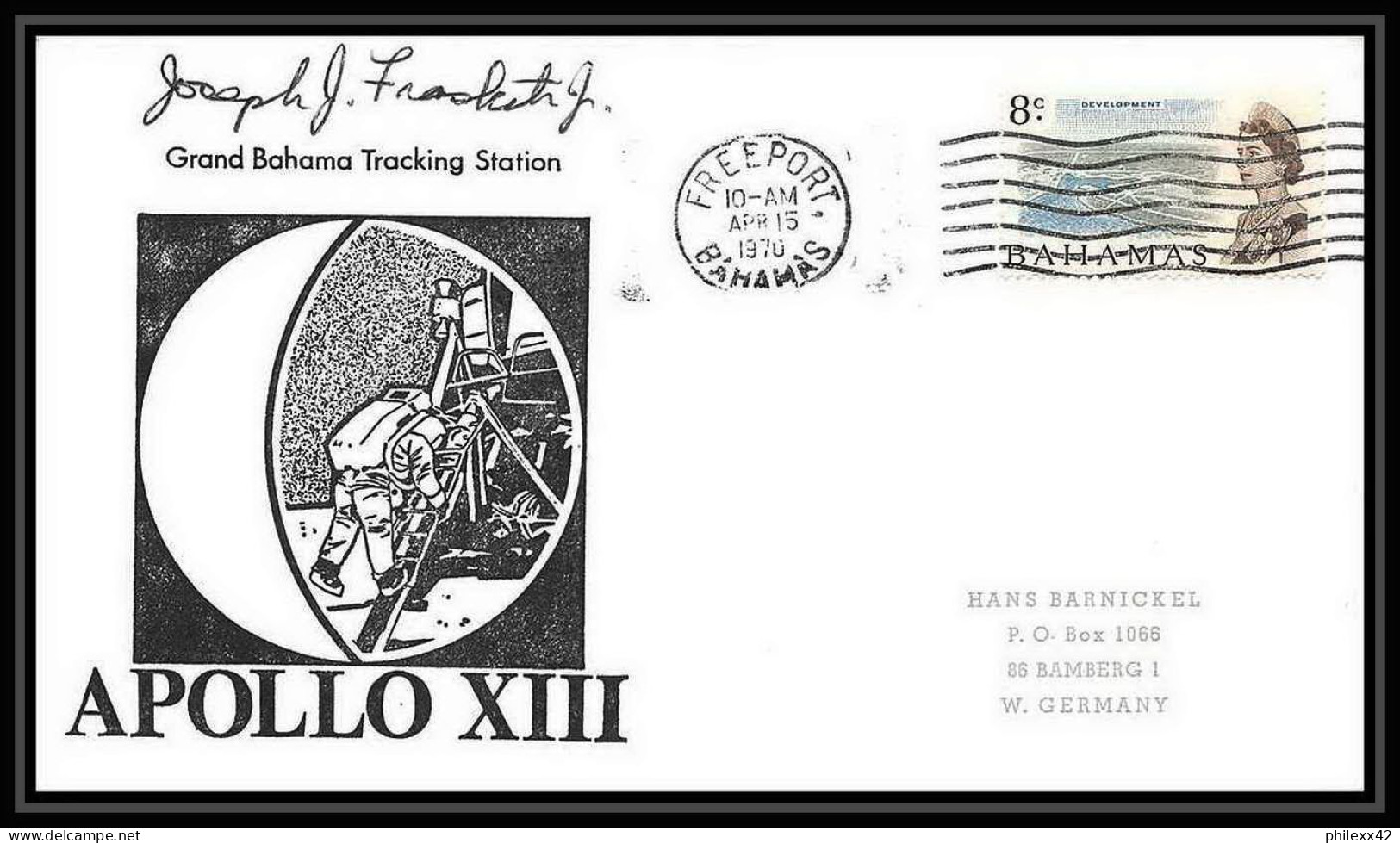 5826/ Espace (space) Lettre (cover) 15/4/1970 Signé (signed Autograph) Apollo 13 Bahamas - América Del Sur