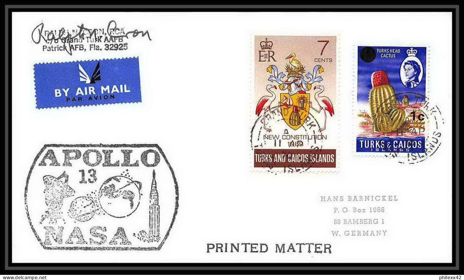 5824/ Espace (space) Lettre (cover) 11/4/1970 Signé (signed Autograph) Apollo 13 Grand Turk Turks And Caicos - Südamerika