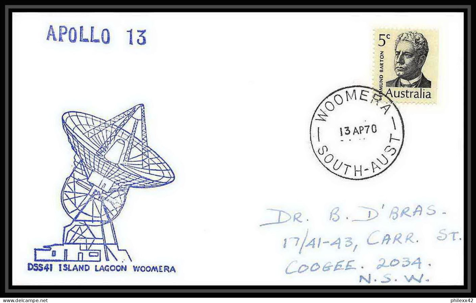 5727/ Espace (space) Lettre (cover) 13/4/1970 Apollo 13 Dss 41 Island Lagoon Woomera Australie (australia) - Océanie
