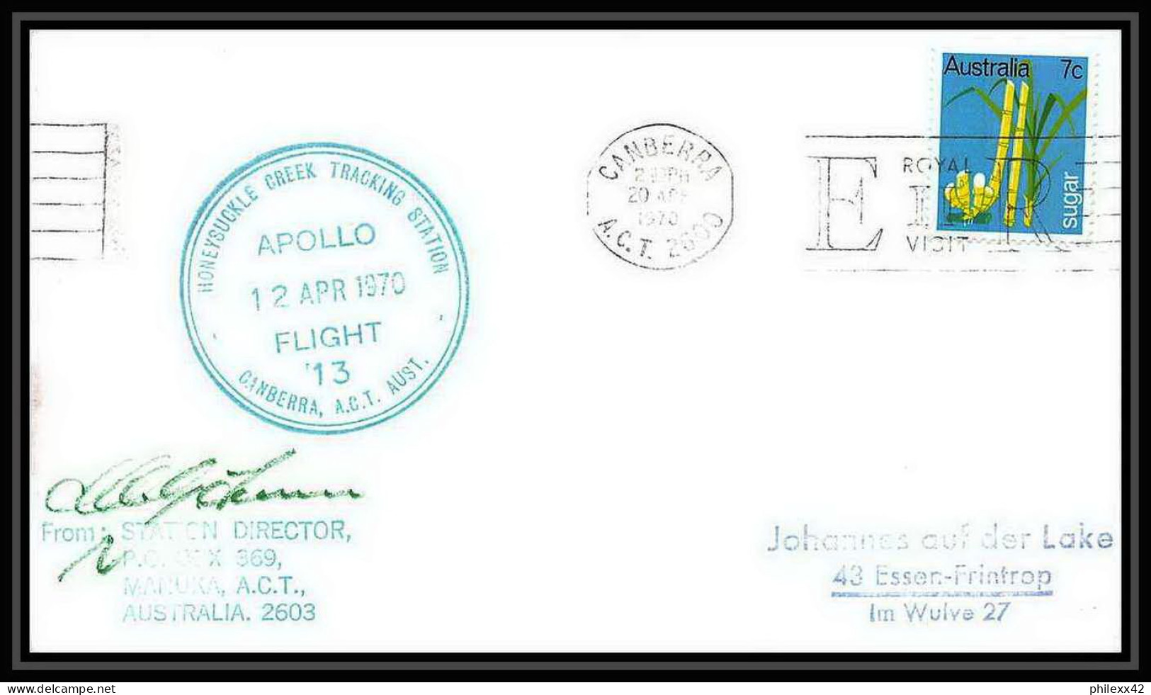 5723/ Espace (space) Lettre (cover) 20/4/1970 Signé (signed) Apollo Flight 13 Honeysuckle Creek Australie (australia) - Océanie