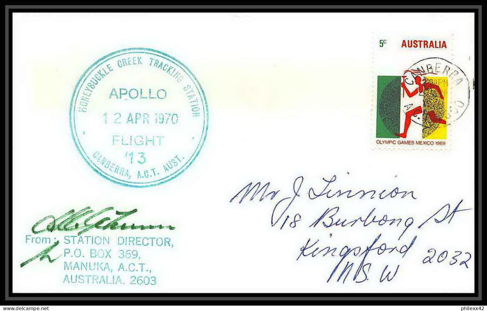 5724/ Espace (space) Lettre (cover) 20/4/1970 Signé (signed) Apollo Flight 13 Honeysuckle Creek Australie (australia) - Oceania