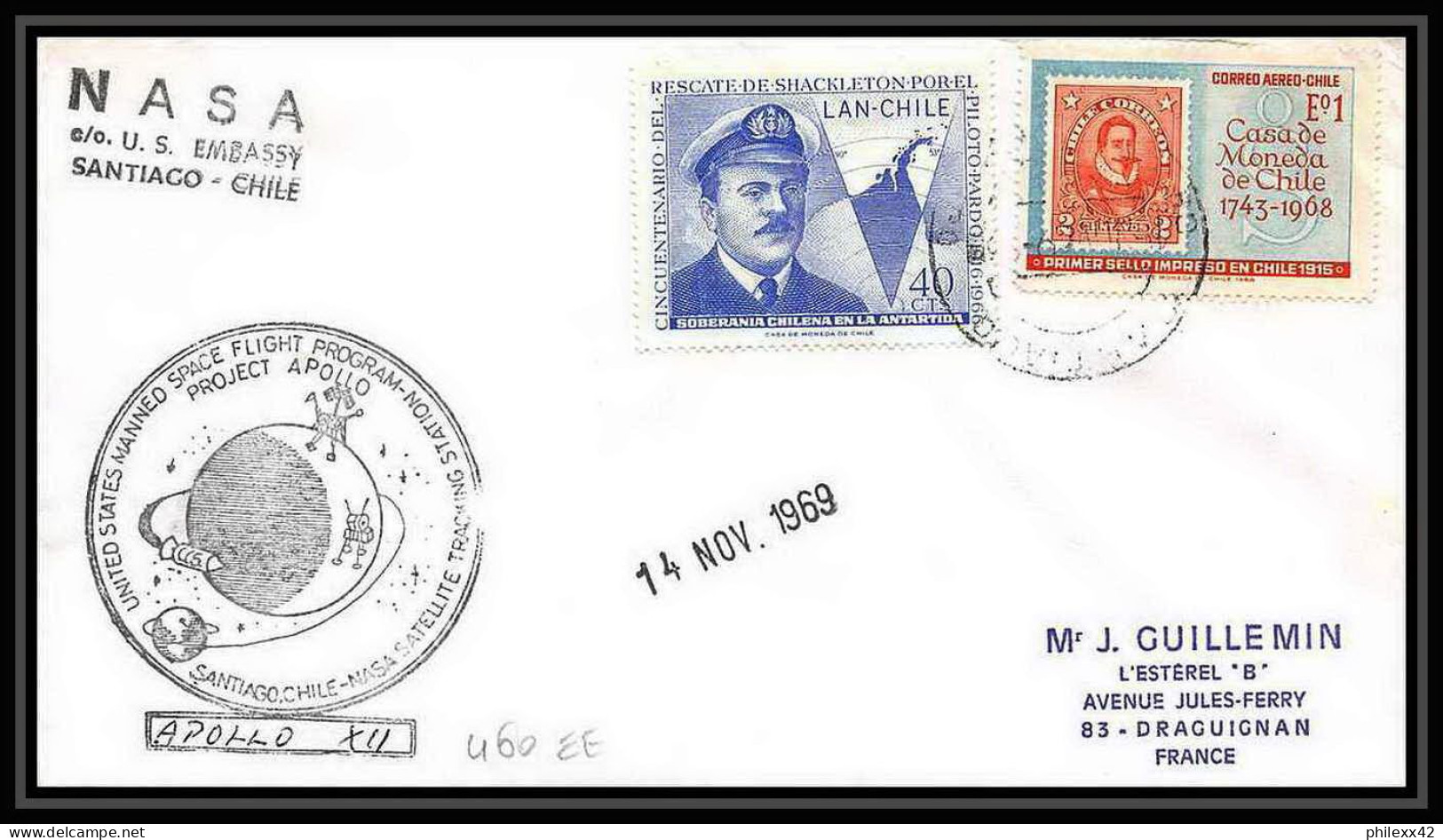 5502/ Espace (space) Lettre (cover) 14/11/1969 Apollo 12 Nasa Us Ambassy Manned Space Flight Santiago Chili (chile) - América Del Sur