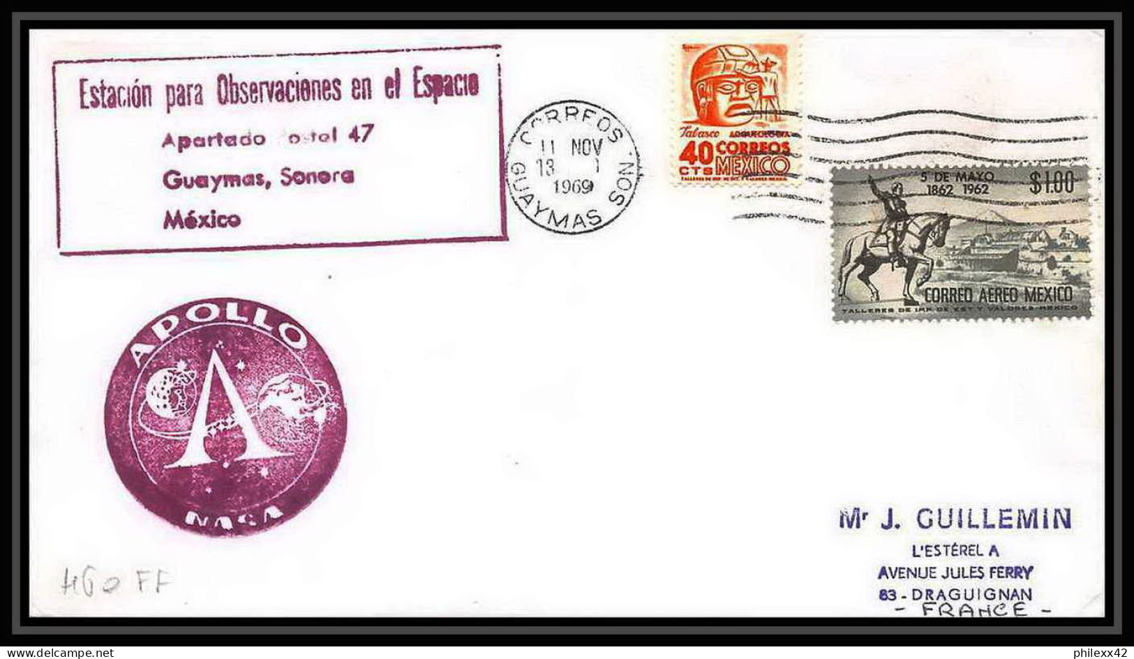 5503/ Espace (space) Lettre (cover) 13/1/1969 Apollo Estacion Guaymas Mexique (Mexico) - América Del Sur