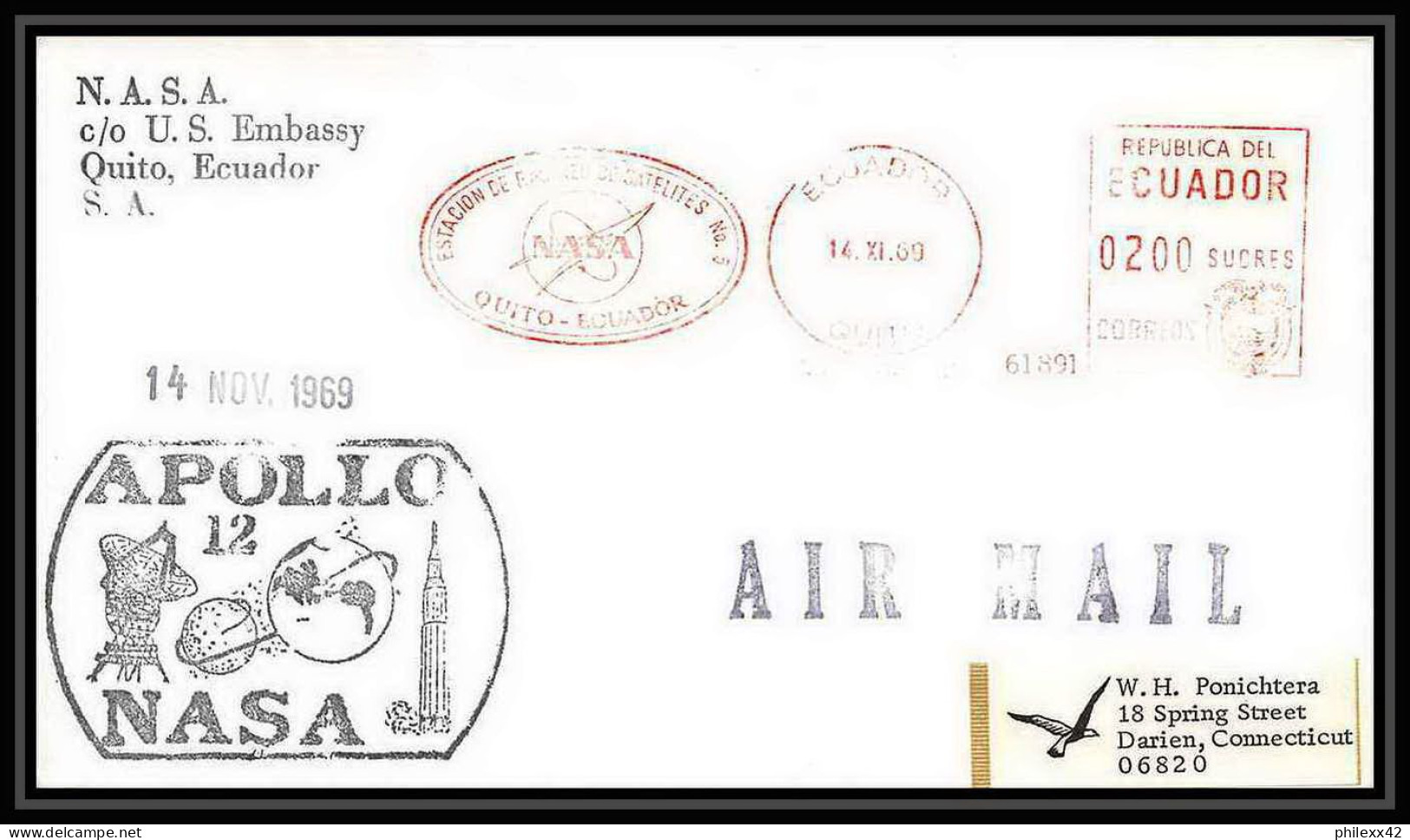 5487/ Espace (space) Lettre (cover) 14/11/1969 APOLLO 12 QUITO Estacion De Rastreo De Satellites 5 Equateur (ecuador) - Südamerika