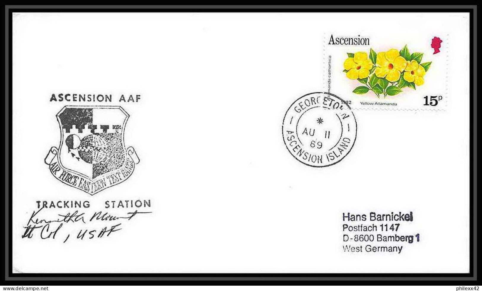 5453/ Espace (space) Lettre (cover) 11/8/1989 Signé (signed Autograph) Georgetown Ascension Island - Africa