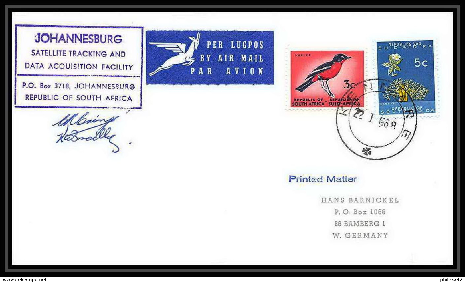 5201/ Espace (space) Lettre (cover) 22/1/1968 Signé (signed) Johannesburg Satellite Tracking South Africa Afrique Du Sud - Afrika