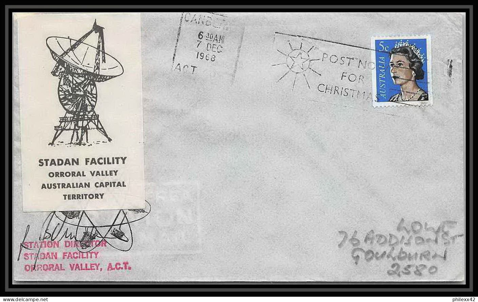 5161/ Espace (space) Lettre (cover) 7/12/1968 Signé (signed Autograph) Stadan Facility Orroral Valley Australie (austral - Océanie