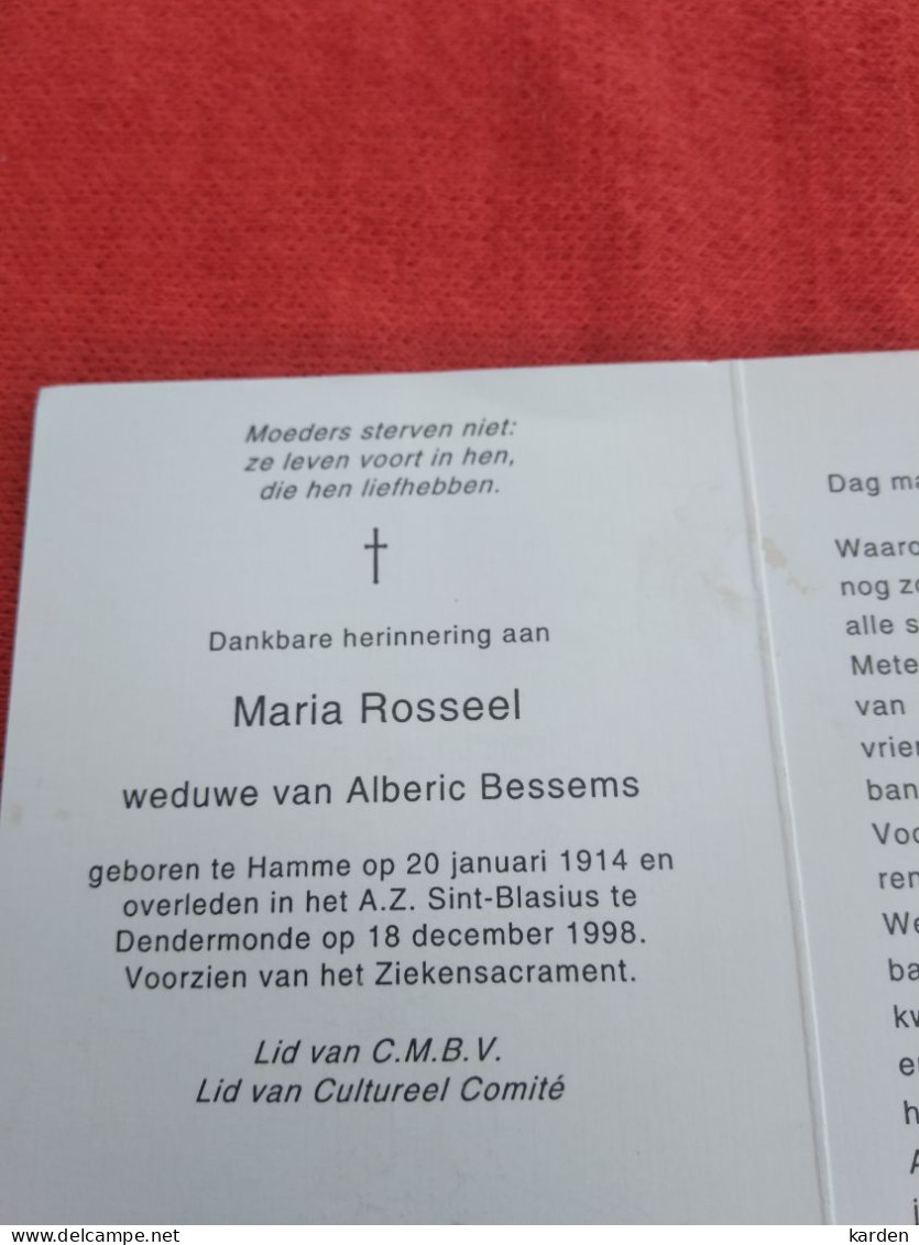 Doodsprentje Maria Rosseel / Hamme 20/1/1914 Dendermonde 18/12/1998 ( Alberic Bessems ) - Religion & Esotérisme