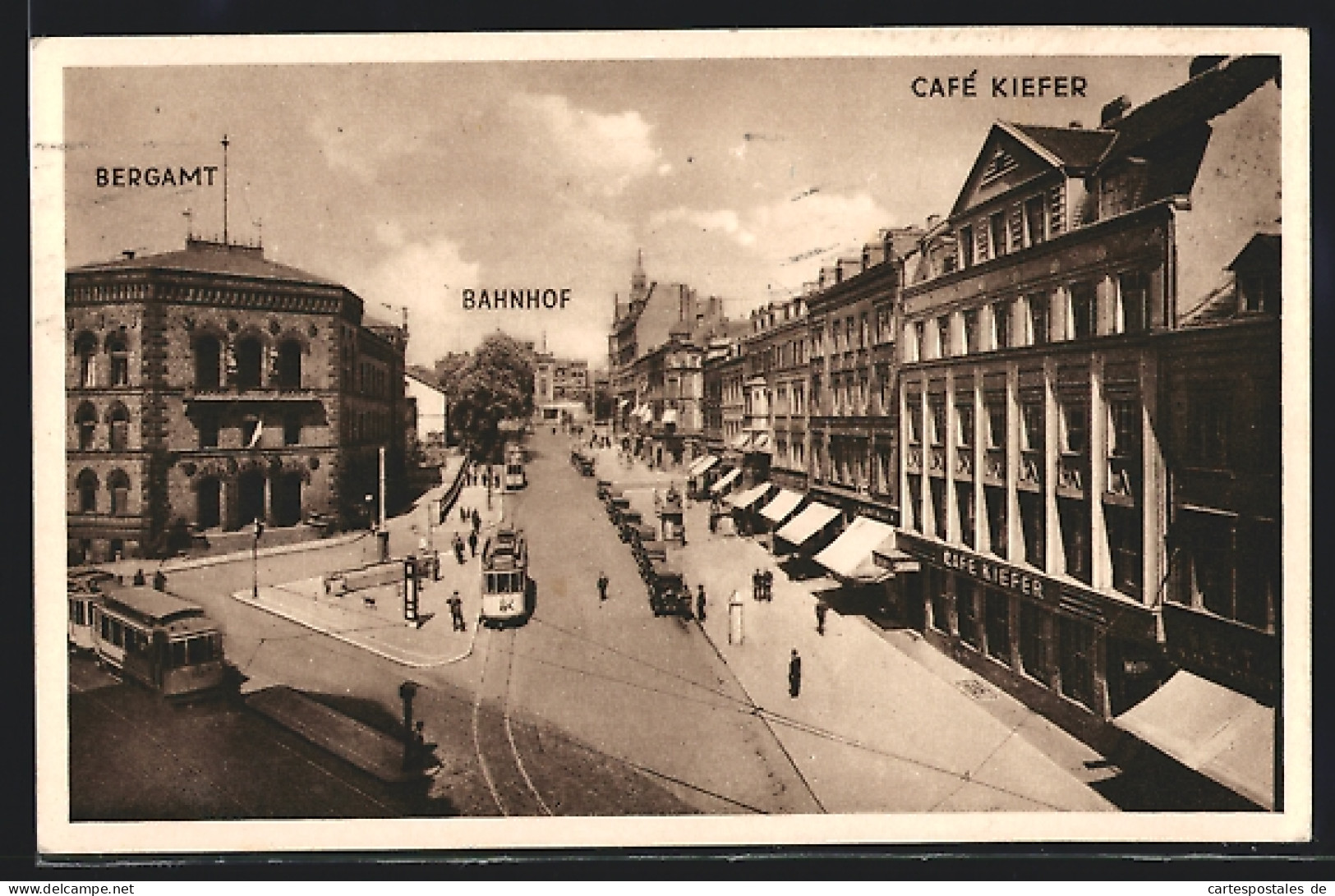 AK Saarbrücken, Cafe Kiefer, Bergamt, Bahnhof, Strassenbahn  - Saarbruecken