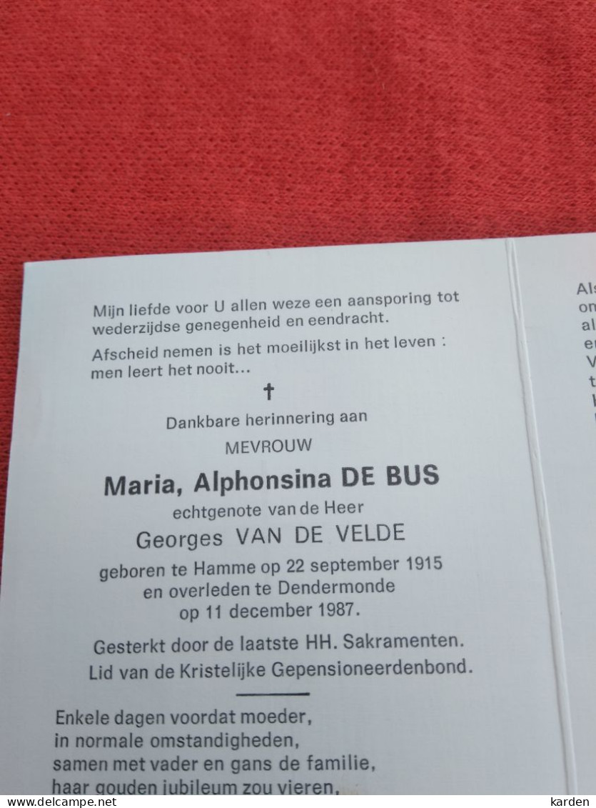 Doodsprentje Maria Alphonsina De Bus / Hamme 22/9/1915 Dendermonde 11/12/1987 ( Georges Van De Velde ) - Godsdienst & Esoterisme