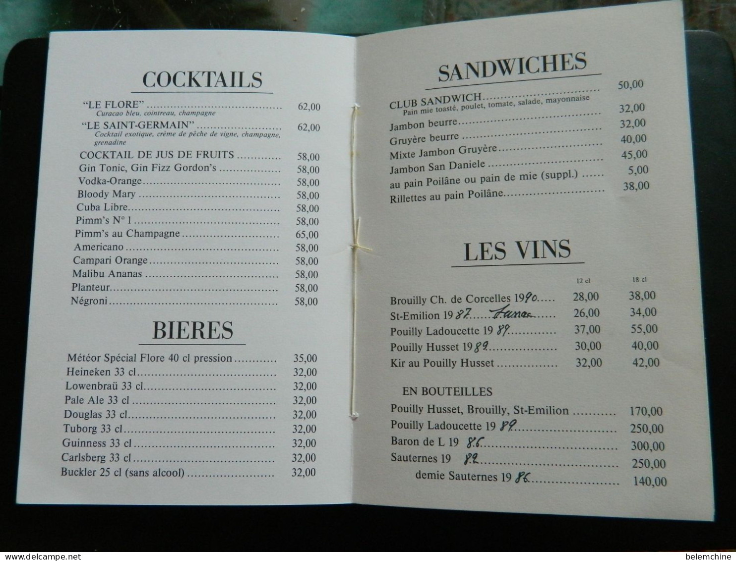MENU  CARTE DU CAFE DE FLORE FIN DES ANNEES 1980    SAINT GERMAIN DES PRES A PARIS