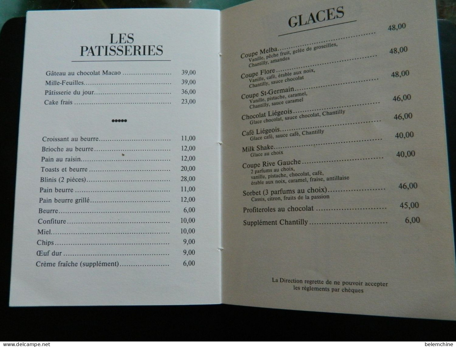 MENU  CARTE DU CAFE DE FLORE FIN DES ANNEES 1980    SAINT GERMAIN DES PRES A PARIS