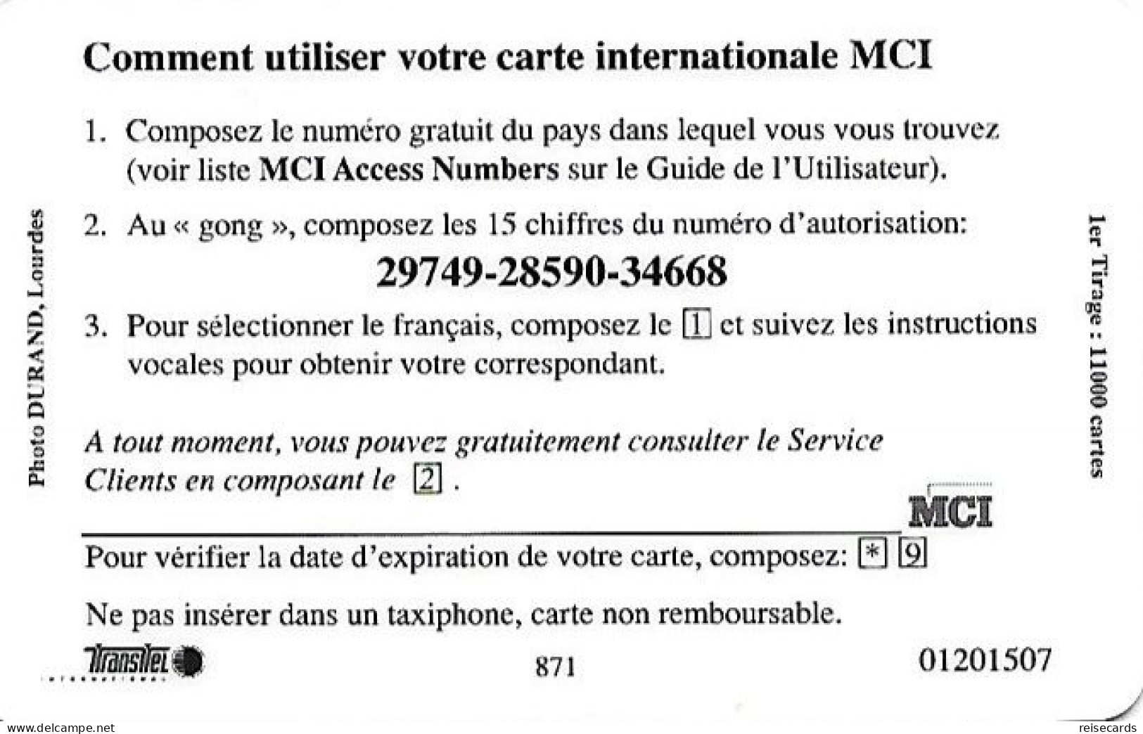 France: Prepaid MCI - Lourdes, The Sanctuary Of Our Lady - Autres & Non Classés